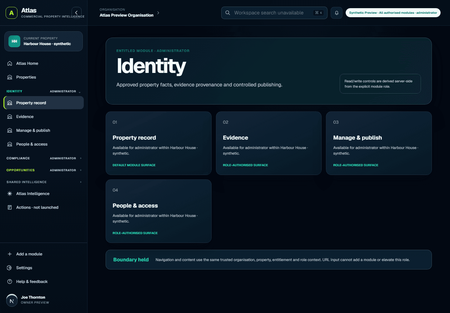 The working Property Identity record screen using a fictional demonstration property